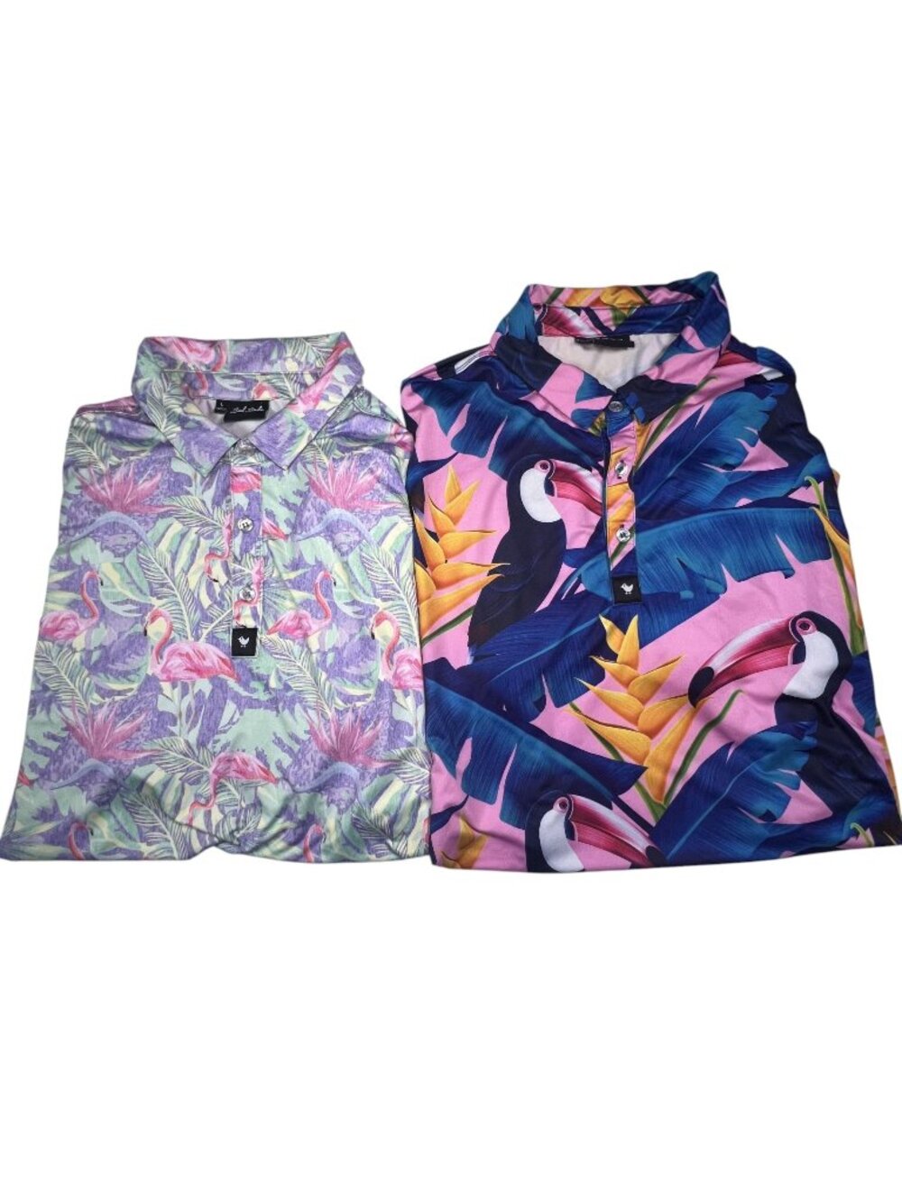 Bad Birdie Mens Polo Shirt Flamingo Toucan AOP Golf Stretch Size Large Bundle